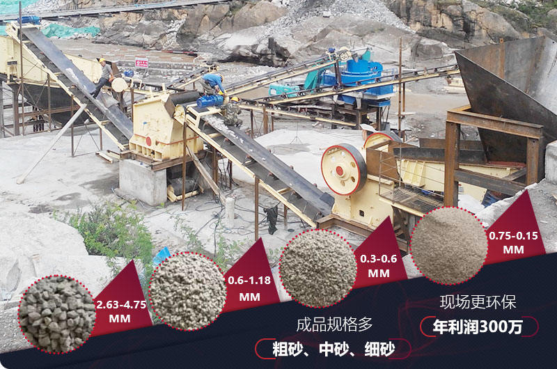 山西制砂生產線現場，多種粗砂、中砂、細砂出料規(guī)格